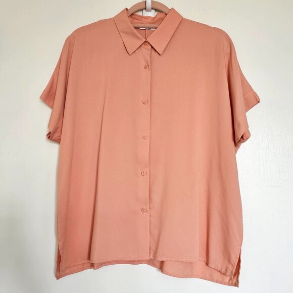Uniqlo Rayon Blend Short-Sleeve High Low Button Up Shirt Blouse S Pink Rose - Picture 1 of 9